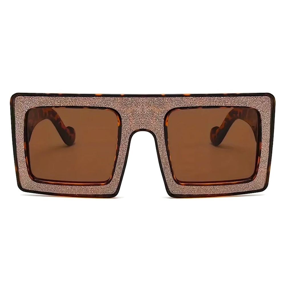 Oversized Flat Top Square Glitter Embellished Tortoise Sunglasses